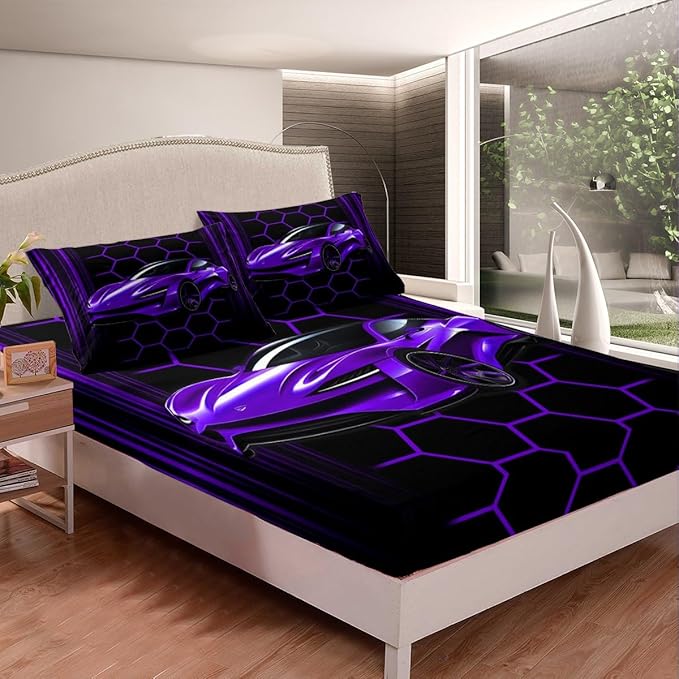Racing Car Theme Fitted Sheet Neon Lines Honeycomb Geometric Bed Sheet Set for Kids Children Teens Purple Sports Car Bed Cover Toddler Bedroom Decor,Twin Size