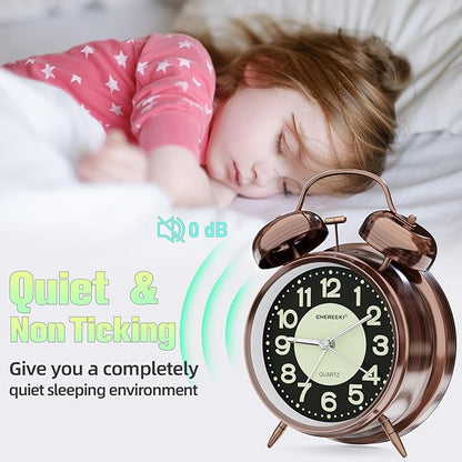 CHEREEKI Loud Alarm Clock for Heavy Sleepers Adults, Silent Non Ticking Analog Clock with Backlight, Luminous Dial, Battery Operated Alarm Clock for Bedroom, Included Battery, Vintage Copper