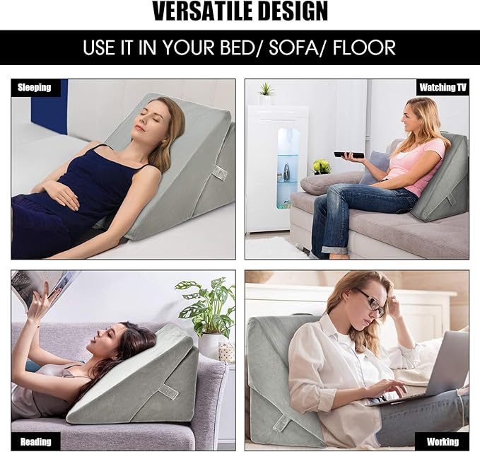KOMFOTT Bed Wedge Rest Pillow for Sleeping - Triangular Adjustable Memory Foam Backrest Reading Pillow w/Removable Pillowcase Cover for Back Support Knees Legs Positioner, 14" Height, Gray Pillow