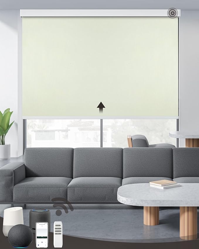 AIVIDIG Motorized Roller Shade with Remote Control, 100% Blackout Electric 21-110” Width Blinds for Windows with Alexa Google Home, Rechargeable Smart Automatic Customized Size（Waterproof-Beige）