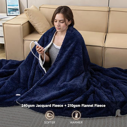 Heated Throw Blanket Electric - 50"x60" Cozy Soft Jacquard Heating Blanket with 4 Heat Levels 4 Hours Auto-Off, Electric Throw with Overheating Protection, Warm Gifts, Navy