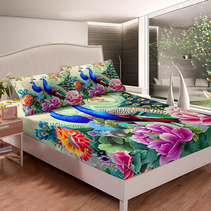 Manfei Peacock Sheet Full,Elegant Gorgeous Blue Feather Bedding for Teens Girls Woman Room Decor,Pink Flower Animal Theme Bed Sheet Set 4pcs with Deep Pocket Fitted Sheet + Flat Sheet + 2 Pillowcases