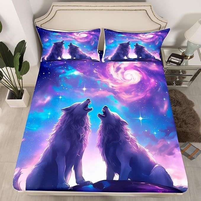 Wolf Kids Fitted Sheet Full Size,Glitter Starry Sky Romantic Bedding Set,Boys Girls Room Decor,Wildlife Hunting Animal Adventure Rustic Bed Cover,Purple Bed Sheet,2 Pillowcases
