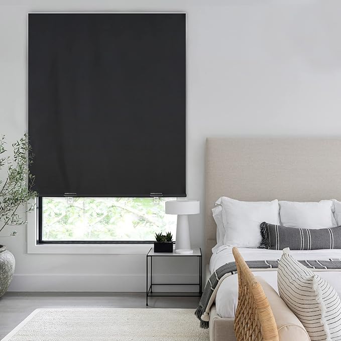 LazBlinds 100% Blackout Roller Shades, No Tools No Drill Cordless Blinds for Windows, Thermal Insulated UV Protection Privacy Window Shades for Bedroom (36''W x 72''H, Black)