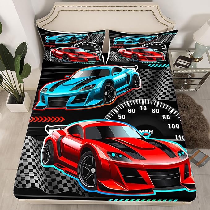 Colorful Sports Car Fitted Sheet Queen Size Extreme Sports Theme Bedding Sheet Set,Racing Car Bed Cover Ultra Soft Breathable Bedding 3 Pcs