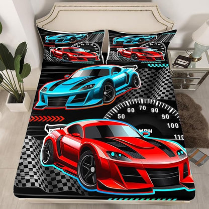 Colorful Sports Car Fitted Sheet Queen Size Extreme Sports Theme Bedding Sheet Set,Racing Car Bed Cover Ultra Soft Breathable Bedding 3 Pcs