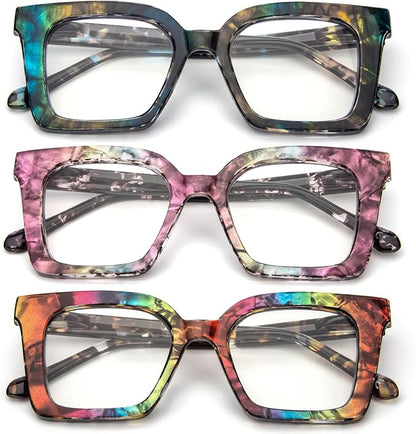 KoKoBin 3 Pack Stylish Square Frame Oprah Style Reading Glasses for Women, Blue Light Blocking Comfortable Readers