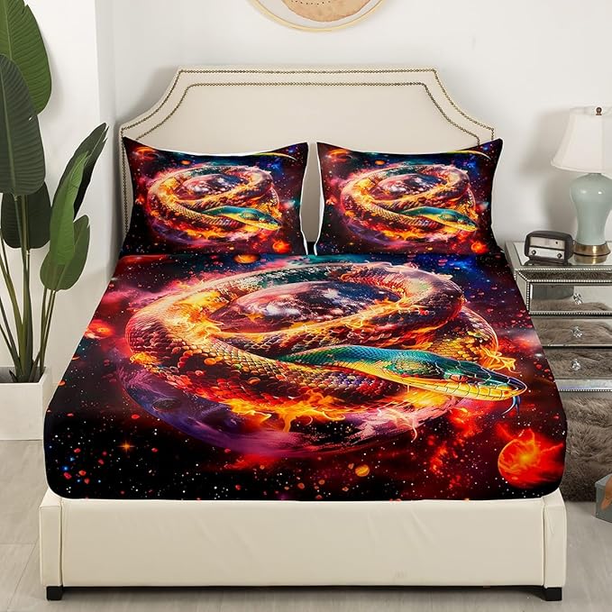 Reptile Snake Fitted Sheet Queen Size,Stars Galaxy Nebula Planets Outer Space Mystical Bedding Set,Boys Girls Room Decor,Noble Animals Flame Trippy Bed Cover,Gothic Bed Sheet,2 Pillowcases