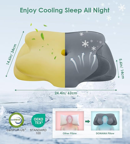 DONAMA Cervical Neck Pillow- Ergonomic Pillows for Pain Relief, Contour Memory Foam Pillow for Side/Back/Stomach Sleepers, CertiPUR-US Certified with Cooling Ice Silk Pillowcase