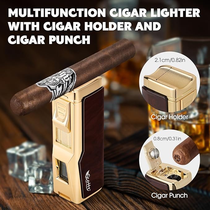 Scotte Cigar Humidor Box, Cigar Lighter Cedar Wood Lined Leather Cigar Case Built in Hygrometer & Humidifier, Torch Lighter with Cigar Holder Cigar Punch Portable Travel Cigar Humidor (Smooth Brown)