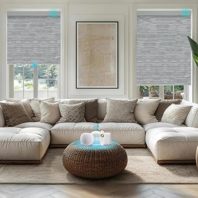 Motorized Blinds with Remote, Smart Roller Shades Compatible with Alexa, Durable Rechargeable Battery Solar Power Electric 100% Blackout for Windows Customized Size (Jacquard Grey)
