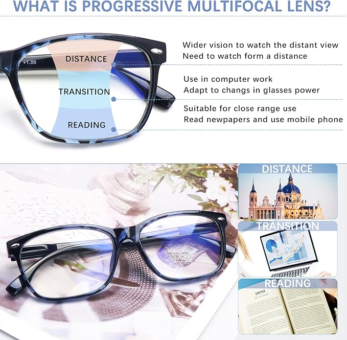 CLASAGA Progressive Multifocus Reading Glasses for Women, Pattern Print Blue Light Block Stylish Ladies Computer Readers