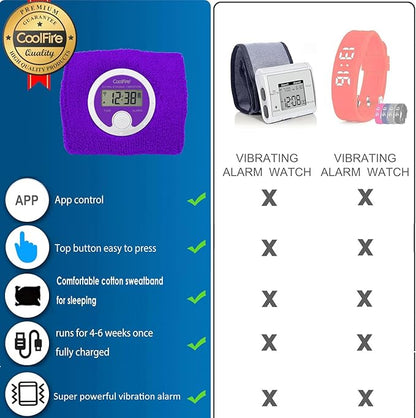 Coolfire Vibrating Alarm Clock Wristband, Silent Wake-Up Watch for Heavy Sleepers, Won’t Disturb Partner, Couples/Roommates, Deaf/Hearing Impaired, 4 Alarms, Bluetooth App, Rechargeable (Purple)