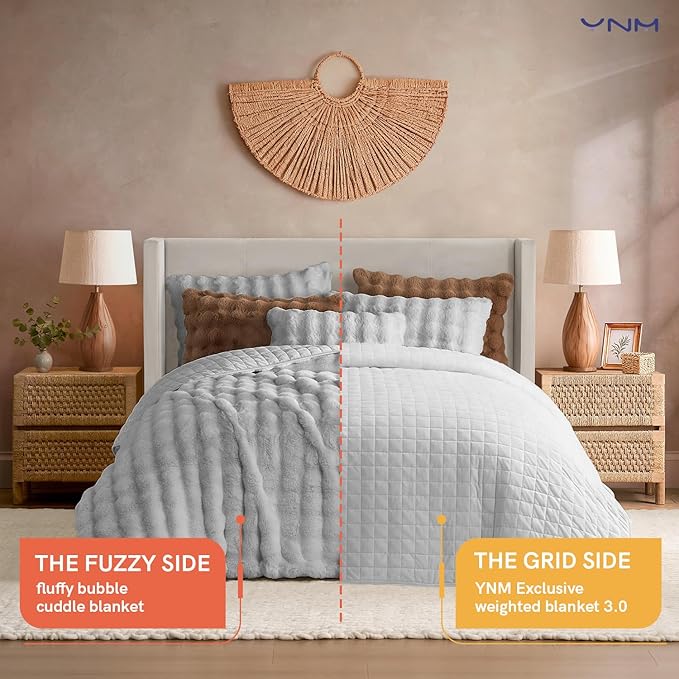 YnM Ultra-Soft Weighted Blanket, Fluffy Bubble Cuddle Heavy Bed Blanket, Plush Faux Fur Big Comforter, Soft & Warm Home Decor Piece (Light Grey, 90''x90'' 20lbs, Full/Queen)