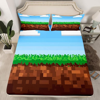 Pixel Game Kids Full Size Fitted Sheet,Video Games Clouds Blue Sky Boys Girls Bed Sheets,Geometric Lattice Gamepad Room Decor,Blue Brown Bedding Set,2 Pillowcases(No Flat)