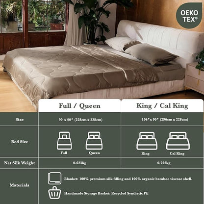 Silk Comforter Queen Size | 100% Mulberry Silk Fill with Organic Bamboo Viscose Shell | Summer Cooling Blanket for Hot Sleepers, Lightweight Breathable All-Season Bedding (Walnut, 90"x90")