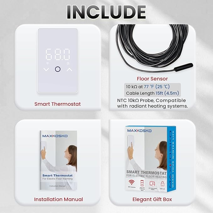 MAXKOSKO 4Pcs WiFi Smart Thermostat for Electric Floor Warming System with Touchscreen LED Display 120V/240V, Easy Connection & Energy Saving Home Programmable Thermostat White