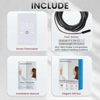 MAXKOSKO 2Pcs WiFi Smart Thermostat for Electric Floor Warming System with Touchscreen LED Display 120V/240V, Easy Connection & Energy Saving Home Programmable Thermostat White