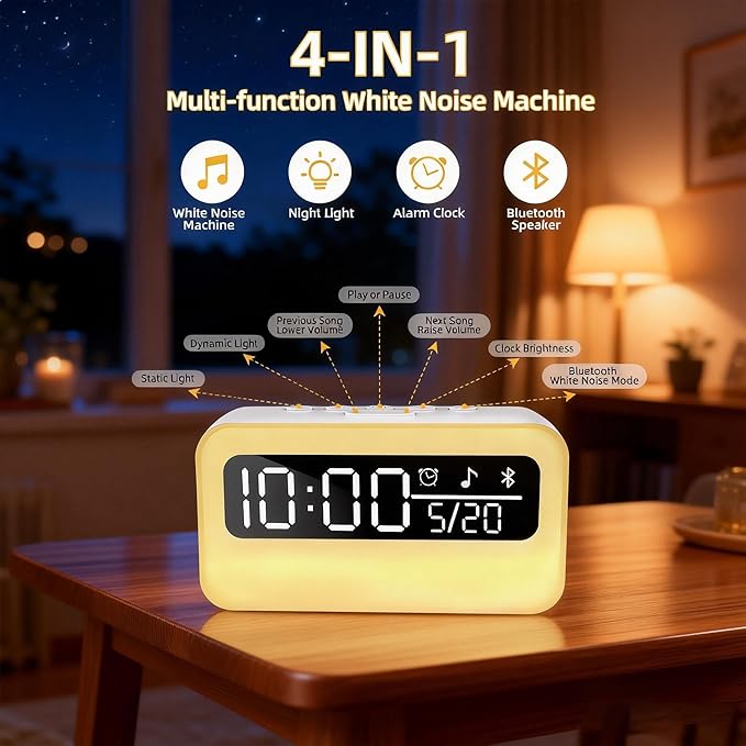 4-in-1 White Noise Sound Machine with 24 Soothing Sounds, Adjustable Night Light for Kids Adult, 4000mAh Rechargeable Bluetooth Speaker with Time Display as Chirstmas Gifts for Kids