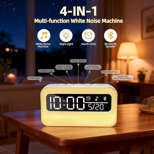 4-in-1 White Noise Sound Machine with 24 Soothing Sounds, Adjustable Night Light for Kids Adult, 4000mAh Rechargeable Bluetooth Speaker with Time Display as Chirstmas Gifts for Kids