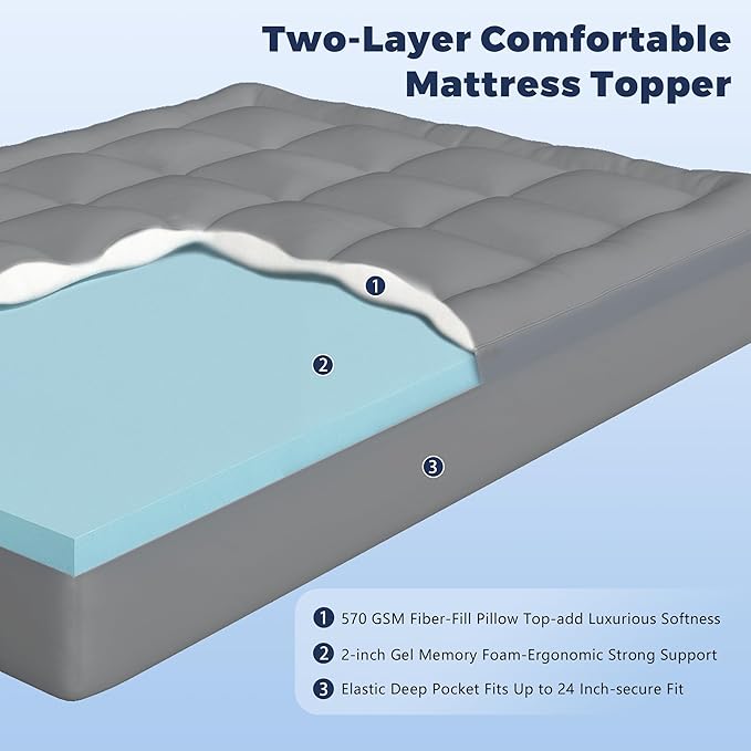 King Size 4 Inch Memory Foam Mattress Topper,Dual Layer Medium Support 2" Gel Memory Foam and 2" Mattress Pad for Back Pain Relief,Tencel Fabric,CertiPur-US Certified,Gray