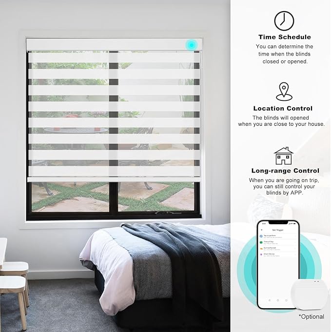 Changshade Smart Motorized Zebra Blinds Remote Control for Indoor Door Windows Light Filtering, Custom Size Shades Electric Power Automatic Compatible with Alexa, Google Home, Apple Homekit, White