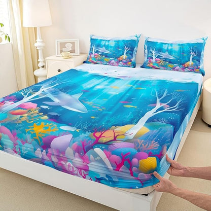 Ocean Boys Girls Bed Sheets,Marine Organism Shark Room Decor,Underwater World Sealife Kids Twin Size Fitted Sheet,Blue Bedding Set,1 Pillowcase(No Flat)