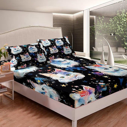 Cartoon Cats Kids Fitted Sheet Queen Size,Watercolor Crown Castle Princess Style Bedding Set,Girls Women Room Decor,Stars Starry Sky Cloud Bed Cover,Cute Romantic Bed Sheet,2 Pillowcases