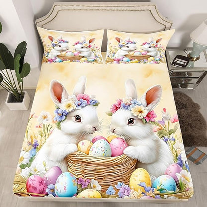 Spring Easter Bed Sheet Queen Size Easter Egg Cute Rabbit Bedding Set Floral Spring Flowers Fitted Sheet Kids Boys Girls Room Decor Yellow Colorful Soft Sheets with 2 Pillowcase,No Top Flat