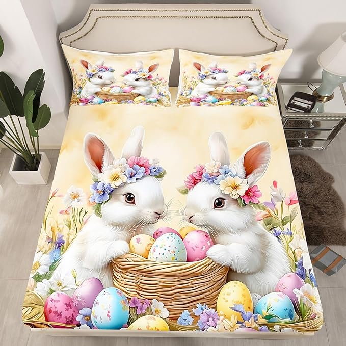 Spring Easter Bed Sheet Full Size Easter Egg Cute Rabbit Bedding Set Floral Spring Flowers Fitted Sheet Kids Boys Girls Room Decor Yellow Colorful Soft Sheets with 2 Pillowcase,No Top Flat