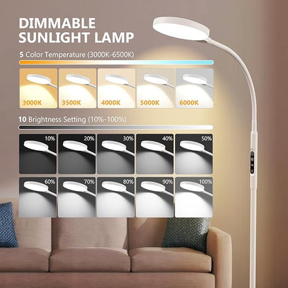 Daylight Floor & Desk Lamp – 11,000 Lux UV-Free Full Spectrum Light, 5 Color Temperatures & 10 Brightness Levels, 360° Adjustable Gooseneck Lamp for Home Office, Bedroom & Reading (White)