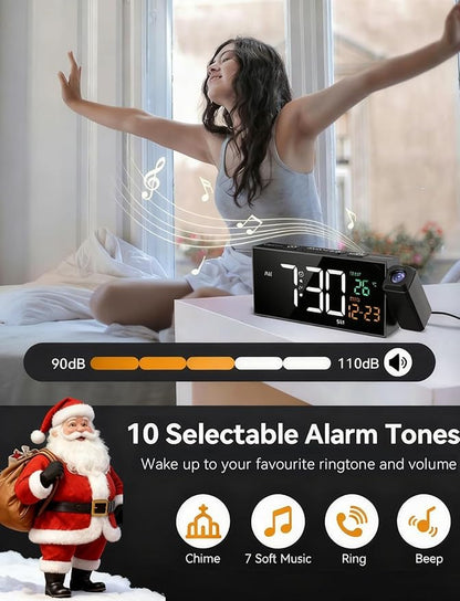Netzu Projection Clock for Bedroom Ceiling, Alarm Clocks with 180° Rotatable Projector, Date Temperature and Weekday, Manual DST, 5 Brightness, 10 Ringtones, 4 Volumes and Snooze (Black)