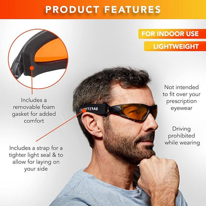 Sleep Savior Deluxe Amber Lens Glasses - Block Blue & Green Light, Boost Melatonin, Enhance Sleep Quality, Reduce Eye Strain, Interchangeable Strap, Padded for Ultimate Comfort