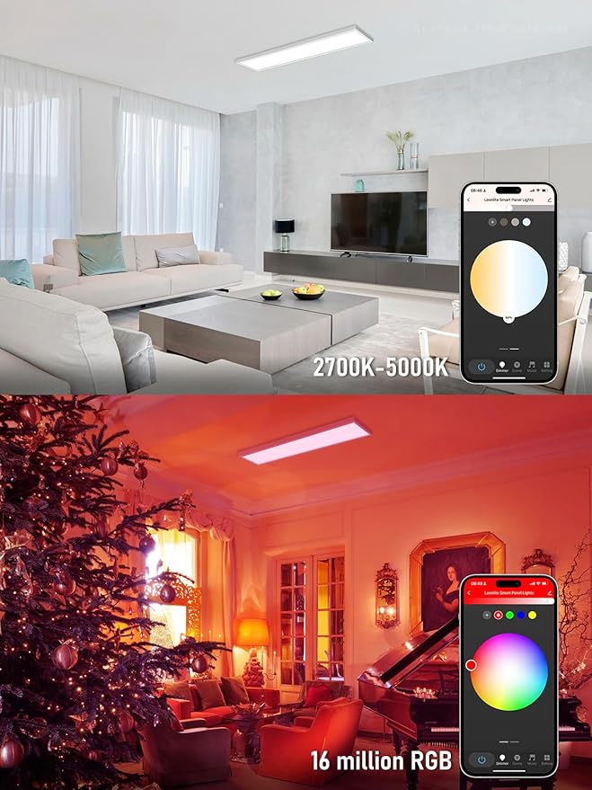 LEONLITE 1x4 FT Smart LED Ceiling Light, RGBCW Surface Mount Flat Panel Light, Christmas New Year Festival Decor, 120V 4000LM 2700K-5000K, 16 Million Multicolor, Works with Alexa, Aluminum, Pack of 2