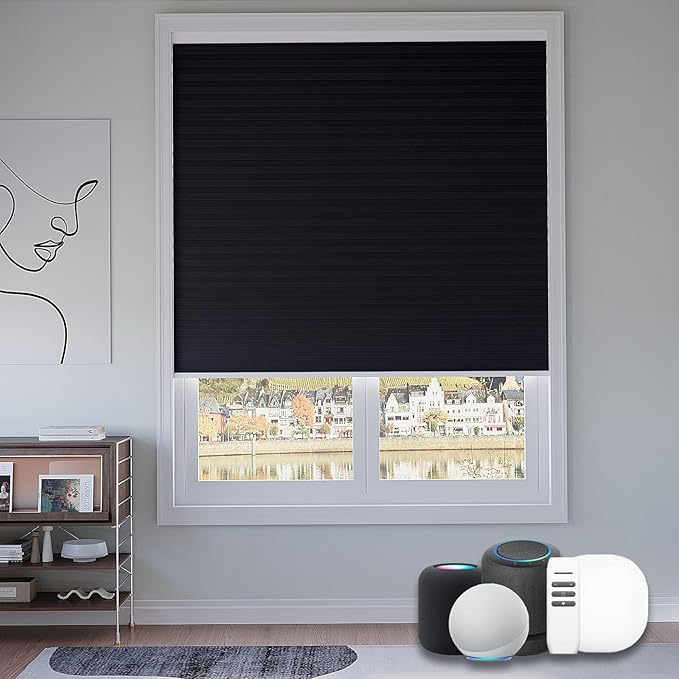 Motorized Cellular Shades with Remote, Blackout Smart Cellular Shades Compatible with Alexa, Cordless Honeycomb Window Blinds for Bedroom Home Office, Custom Size, Blackout Black