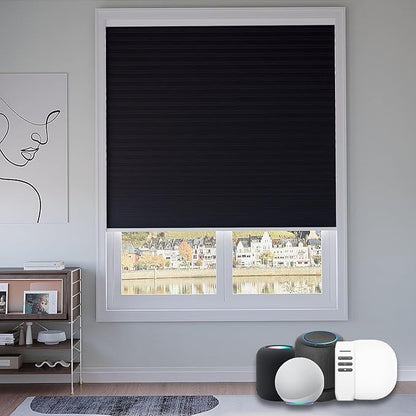 Motorized Cellular Shades with Remote, Blackout Smart Cellular Shades Compatible with Alexa, Cordless Honeycomb Window Blinds for Bedroom Home Office, Custom Size, Blackout Black