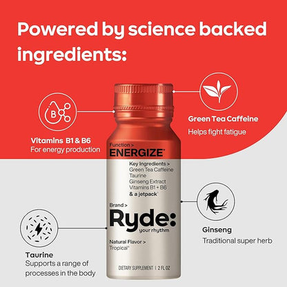 Ryde: Discovery Pack | Energize, Focus & Relax Shots | Green Tea Caffeine, Taurine, Ginseng, B Vitamins, L-Theanine, Lemon Balm, Chamomile | 0 Calories, 0 Sugar | Variety Pack – Try Them All (24 Pack)