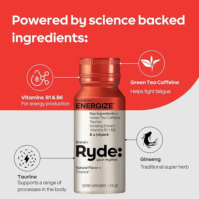 Ryde: Energize Shot | Tropical Flavor | Green Tea Caffeine, Taurine, Ginseng Extract & B Vitamins | 0 Calories, 0 Sugar | 2 FL OZ Shots | Boosts energy* (24 Pack)