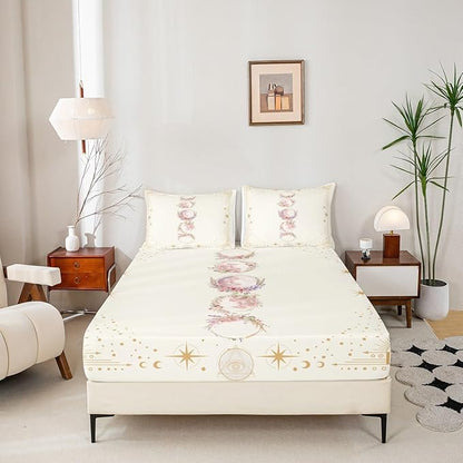 Sun Moon Girly Sheet Full,12 Constellation Universe Bedding Set for Kids Teens Adults,Geometric Line Dots Boho Beige Trippy Bed Sheet Set 4pcs (Deep Pocket Fitted Sheet + Flat Sheet + 2 Pillowcases)