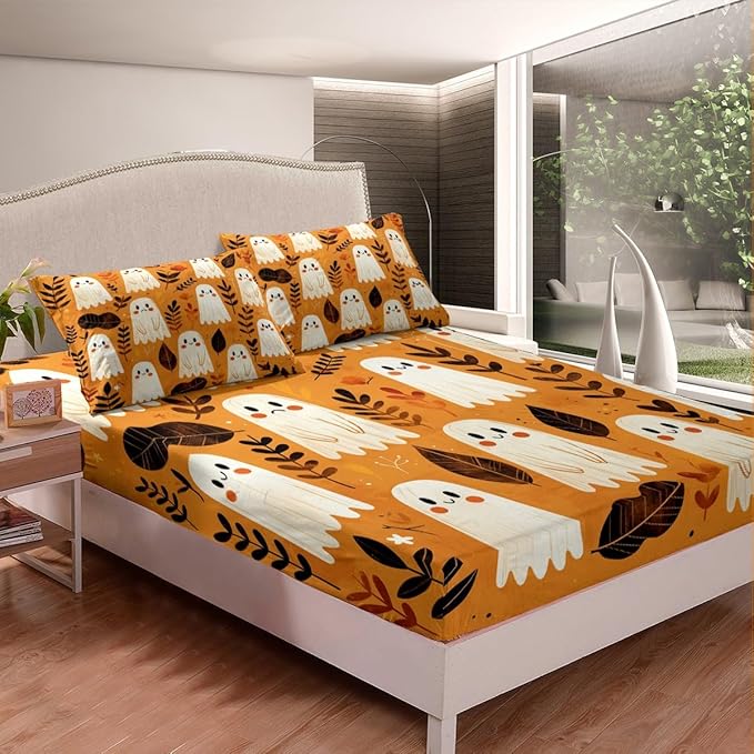 Halloween Ghost Fitted Sheet Nature Botanical Leaves Graffiti Rustic Farmhouse Bed Sheet Set for Kids Children Teens Cartoon Cute Ghosts Orange Bed Cover Toddler Bedroom Decor,Twin Size