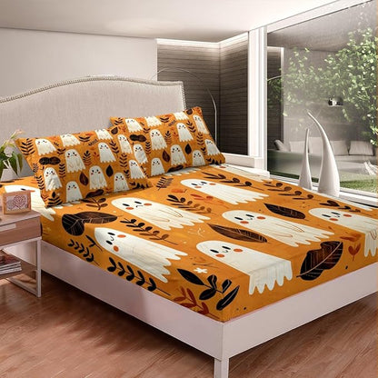 Halloween Ghost Bed Sheet Set Nature Botanical Leaves Graffiti Rustic Farmhouse Fitted Sheet for Ultra Soft Cartoon Cute Ghosts Orange Bedding Cover Set Room Decor Queen (No Flat Sheet)