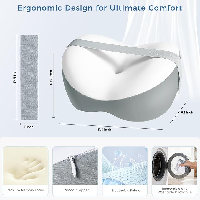 Knee Pillow for Side Sleepers, Leg Pillow for Side Sleeping, Hip, Sciatica & Lower Back Pain Relief, with Contoured Memory Foam & Non-Slip Strap for All-Night Support