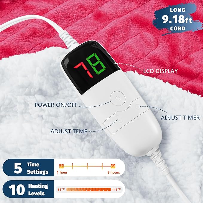 BOMOVA Heated Electric Blanket Full Size - 72" x 84" Heating Blanket with 10 Heating Levels & 8 Hours Auto Off, Warm Flannel Blanket, Christmas Birthday Gifts for Women