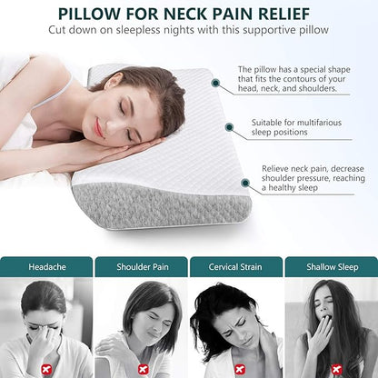 ZAMAT Contour Memory Foam Pillow for Neck Pain Relief, Adjustable Ergonomic Cervical Pillow for Sleeping, Orthopedic Neck Pillow with Washable Cover, Bed Pillows for Side, Back, Stomach Sleepers