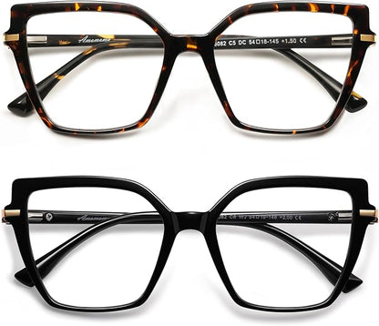 AMOMOMA Trendy Square Blue Light Blocking Reading Glasses for Women Women's Readers Spring Hinge AM6082