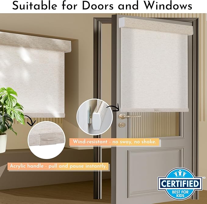 Persilux Light Filtering Roller Shades for Window Blinds,Cordless,Linen Fabric,Thermal Insulated Fabric UV Protection Shades for Home,Office,Bedroom,Door,Light Filtering-Cream,39" W X 72" H