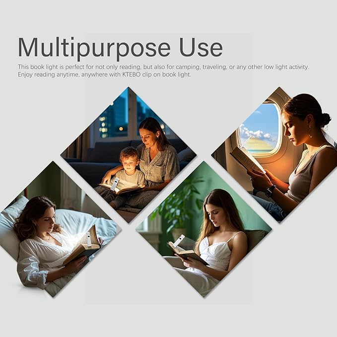 Rechargeable Clip-On Book Light with Battery Indicator — 9 Modes (3 Color × 3 Brightness), USB-C Fast Charge, Ultralight 1.6 oz & 0.49" Slim, Bed Reading Lamp Stocking Stuffer for Book Lovers, White