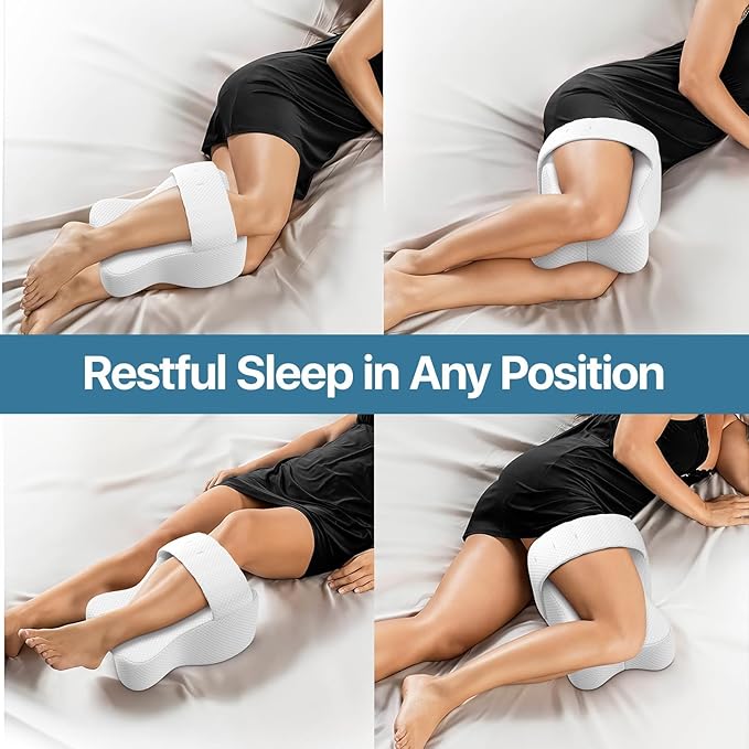 Knee Pillow for Side Sleepers, Large Comfortable Memory Foam Leg Pillow for Side Sleeping, Adjustable Strap, Pillow Sleeping Between Legs Aligns Spine (White)