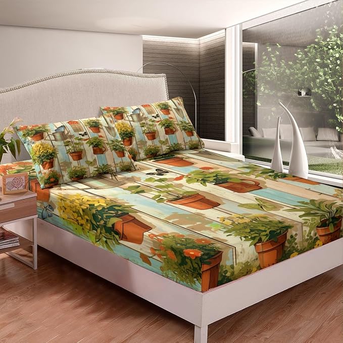 Garden Kids Sheet Twin Size,Geometric Wooden Plank Bedding Set,Boys Girls Room Decor,Gardening Gardener Butterfly Plants Flowers Rustic Green Bed Sheet Set 3pcs(Fitted + Flat + 1 Pillowcase)