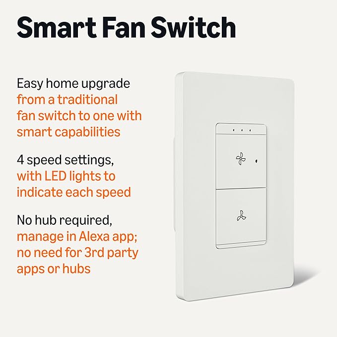 Amazon Basics Smart Ceiling Fan Control Switch, 4-Speed, Single Pole, Voice Control, Works with Alexa Only, Control from Anywhere, 2.4 GHz Wi-Fi, No Hub Required, White
